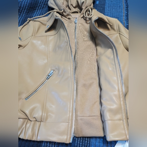 BlankNYC FAUX LEATHER BOMBER JACKET WITH REMOVABLE HOOD - Picture 7 of 11